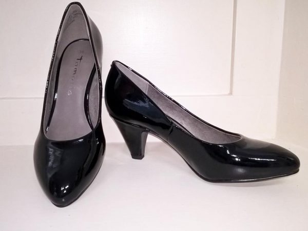 Black patent court shoes, Elegante Dronfield